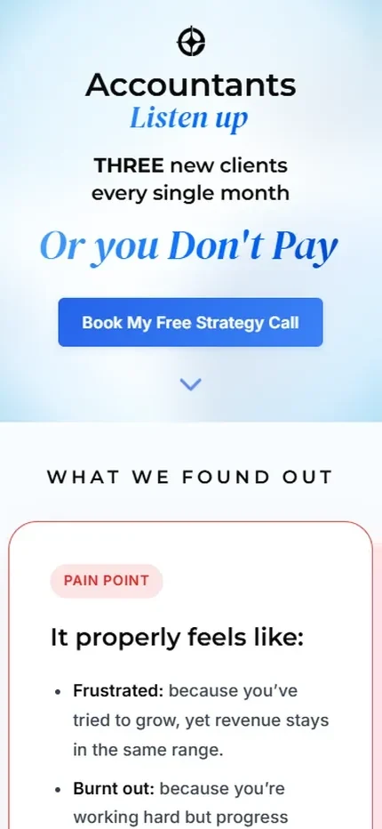 The landing page on a phone: a headline naming accountants, the offer of three new clients a month, a guarantee line, and one blue button reading Book My Free Strategy Call.