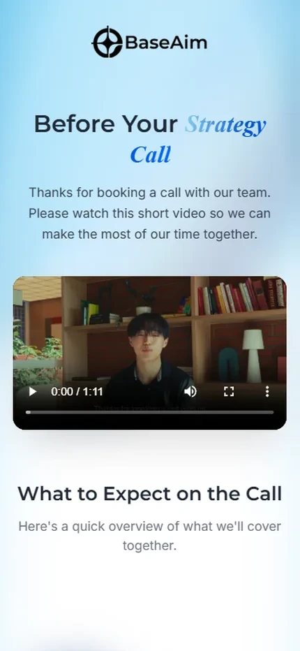 The call preparation page on a phone, sent before the meeting: a heading, a short video, and a section on what to expect on the call.