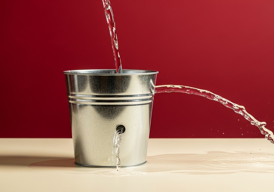 A metal bucket being filled from above while water escapes through two separate openings: one high in the side throwing an arc out across the floor, and a second lower down running straight into a puddle beneath it.