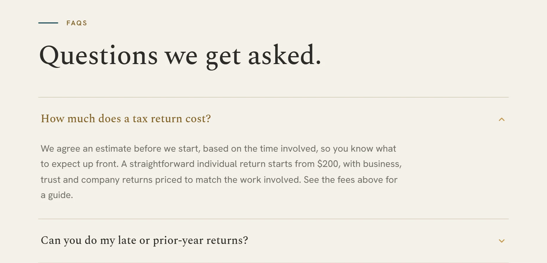 A real client service page answering the exact questions customers search: questions we get asked, with the cost answer open
