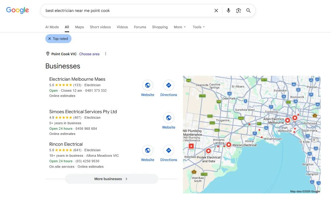 A real Google search for best electrician near me in Point Cook: the map and the top three businesses take the whole first screen
