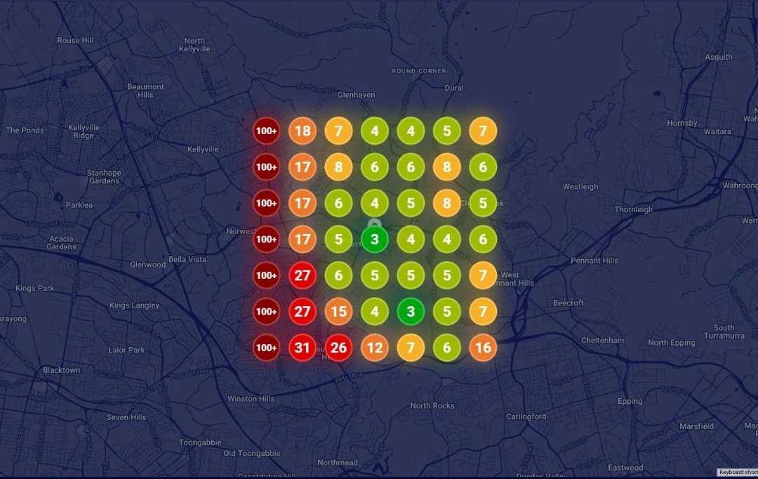 Real ranking grid for the keyword being worked on: green top-five positions across the service area