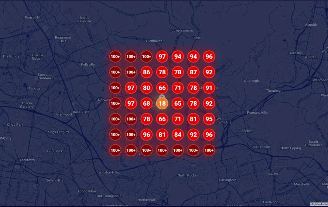 A real local ranking grid before SEO work: every position red, ranked 66th or worse across the whole service area, one amber cell at the office