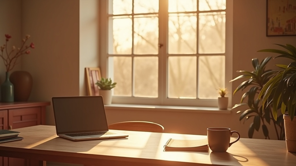 A calm, sunlit studio desk with a closed laptop, a notepad and a coffee by a window.