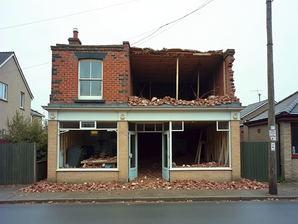 A small shop building broken open, its upper floor collapsed and the storefront full of rubble, with big pieces of the structure missing.