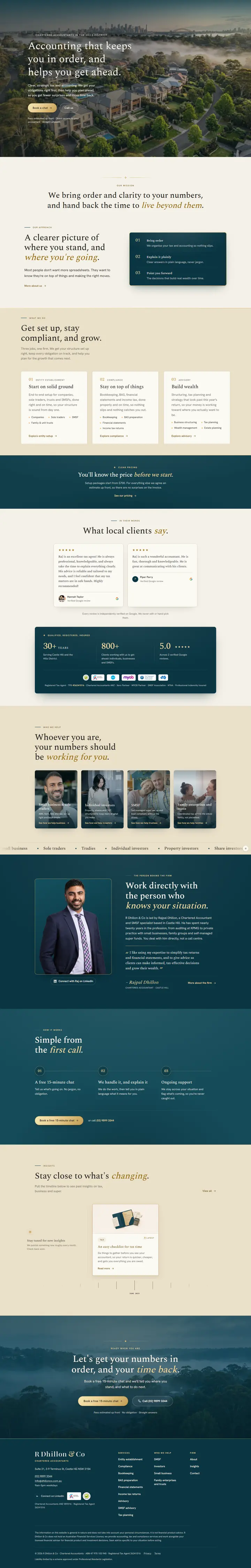 The whole R Dhillon and Co homepage from top to bottom: the hero, the approach, the services, the team, the reviews and the closing enquiry section.