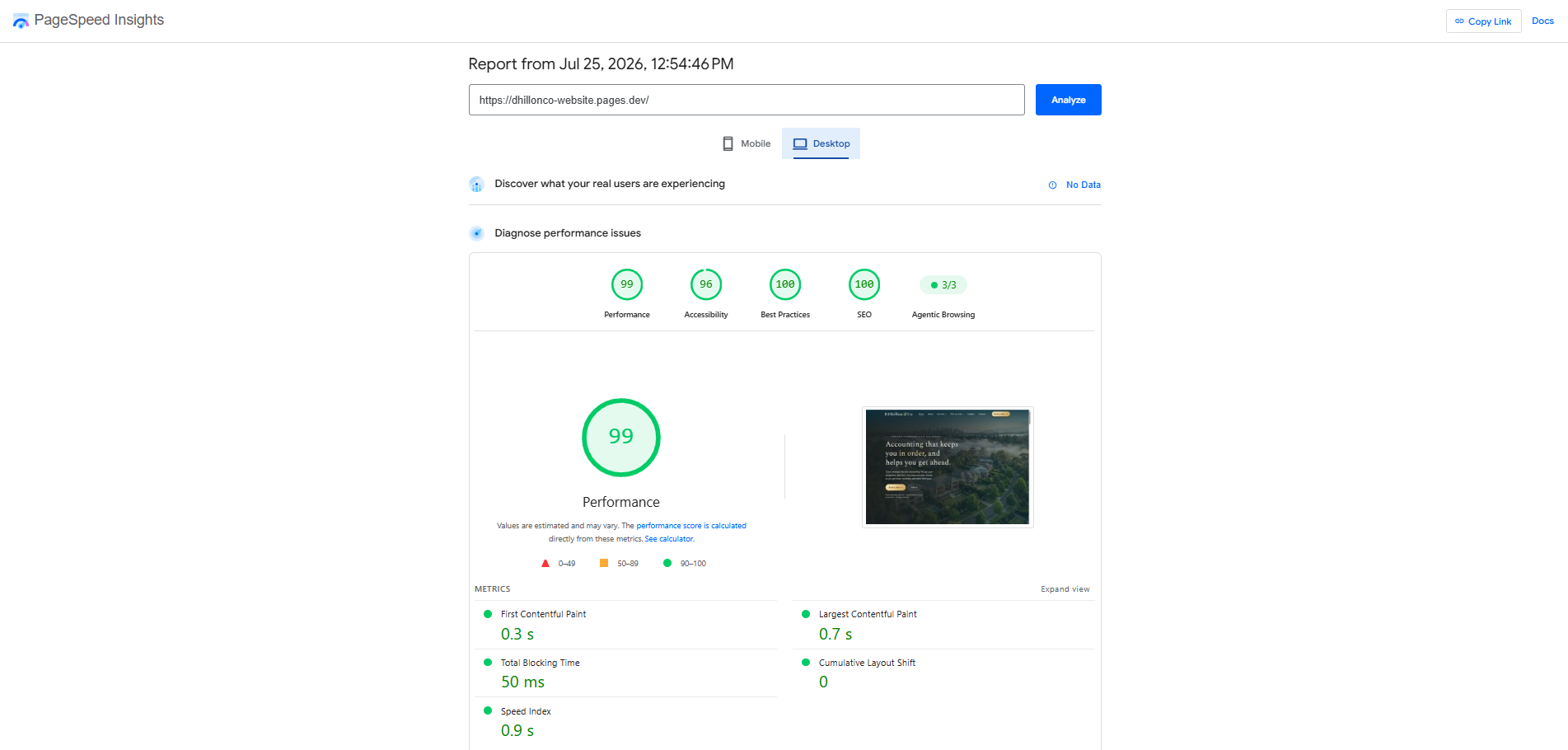 Google PageSpeed Insights report for the R Dhillon & Co site: 99 performance, 96 accessibility, 100 best practices, 100 SEO on desktop