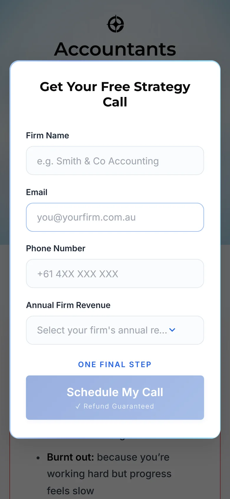 The form the button opens, on the same phone: firm name, email, phone and revenue, then one button to schedule the call.