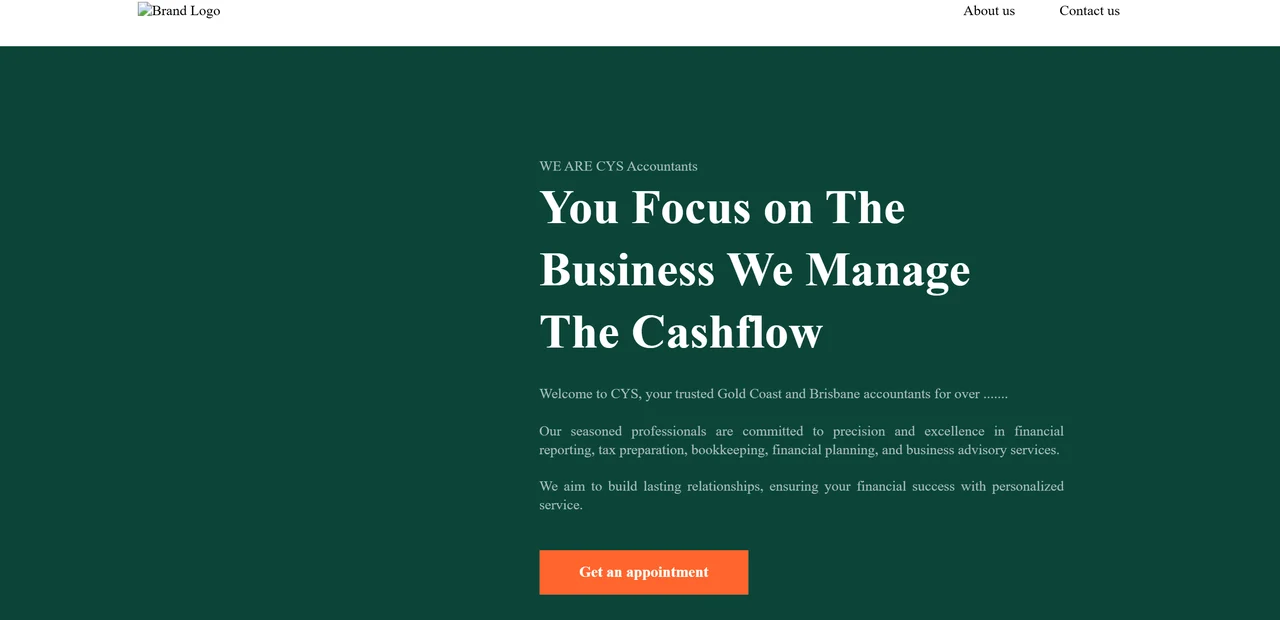 The firm's old website: a broken logo, an unfinished sentence, and one orange button.