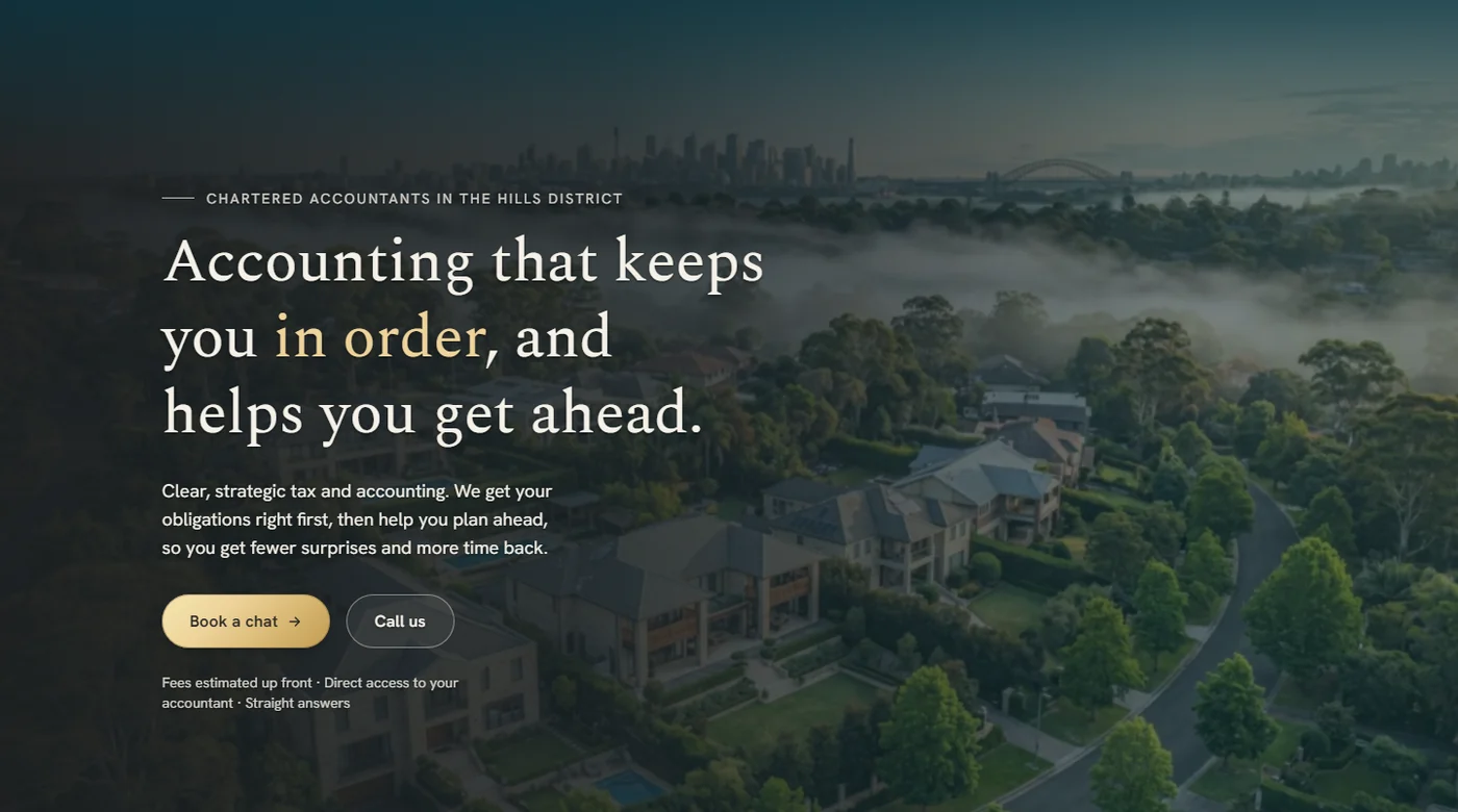 The first screen of a site we built: who they are, what they do, and two ways to get in touch.