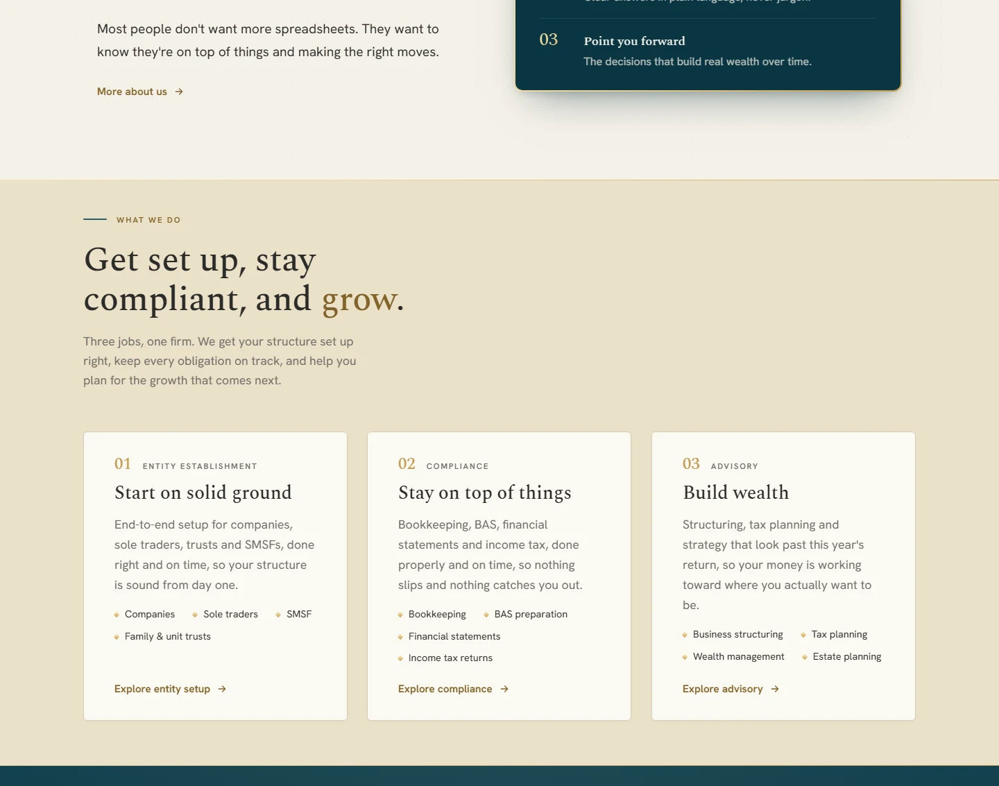 A site we built, on a desktop screen: what the business does, laid out as three clear services.