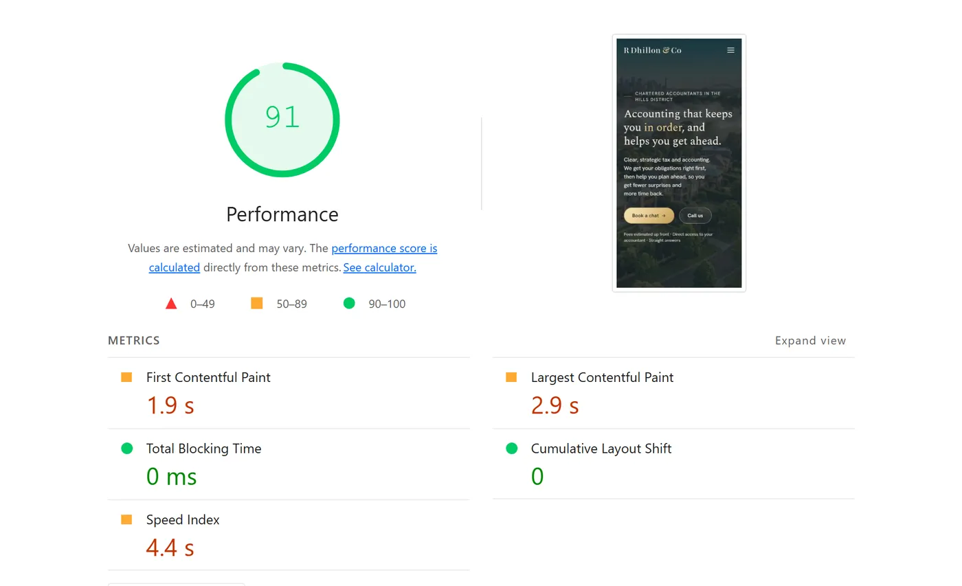 Google Lighthouse report for a real Ryder build on a phone: performance 91, first contentful paint 1.9 seconds, largest contentful paint 2.9 seconds, total blocking time 0 milliseconds, cumulative layout shift 0, speed index 4.4 seconds.