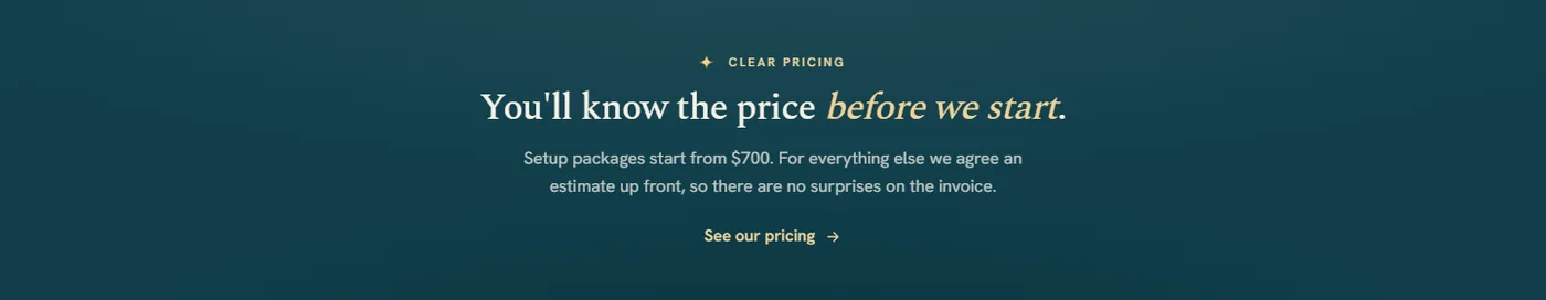 A clear pricing band on a site we built, telling people what things cost before they ask.