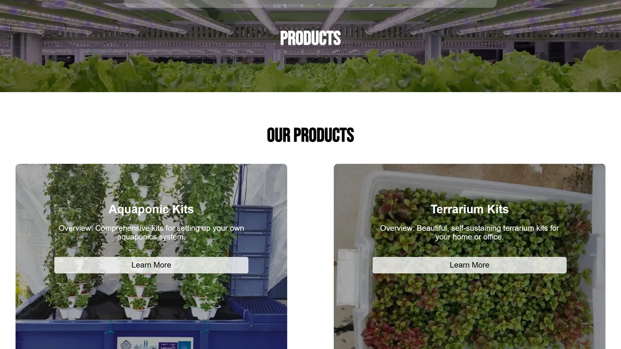 A products page from a different site we built, CoFarmingHub: each product given its own card, its own summary and its own way through.