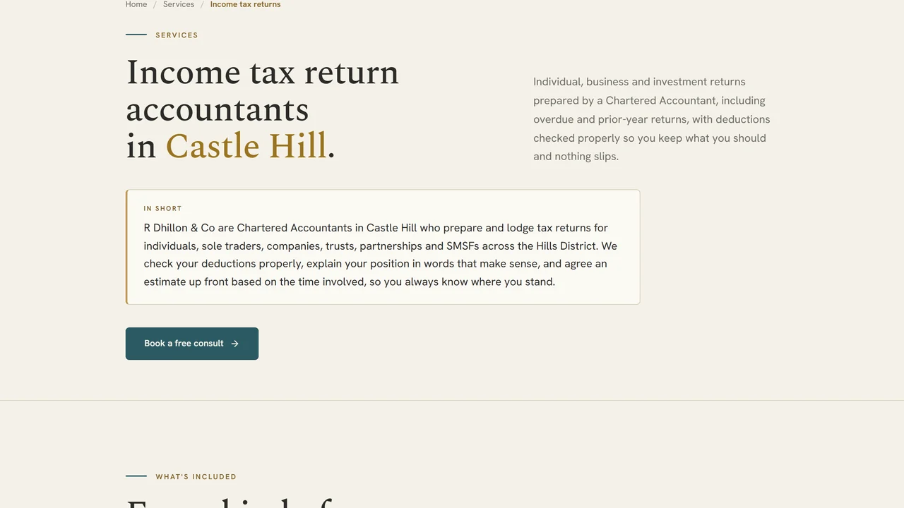 A service page from a site we built: a headline naming the service and the suburb, a plain summary, and a way to get in touch.